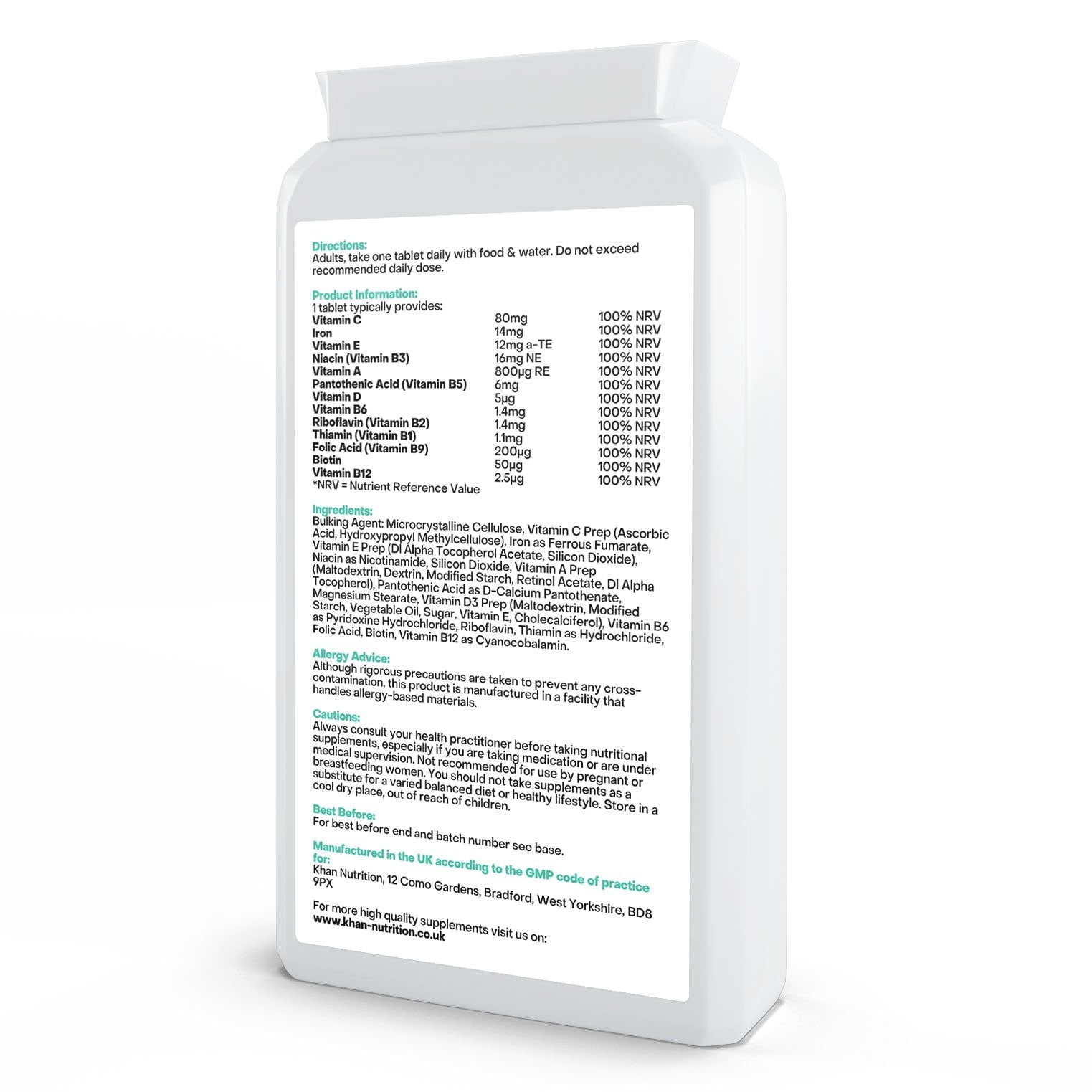 Multivitamins Plus Iron back of bottle