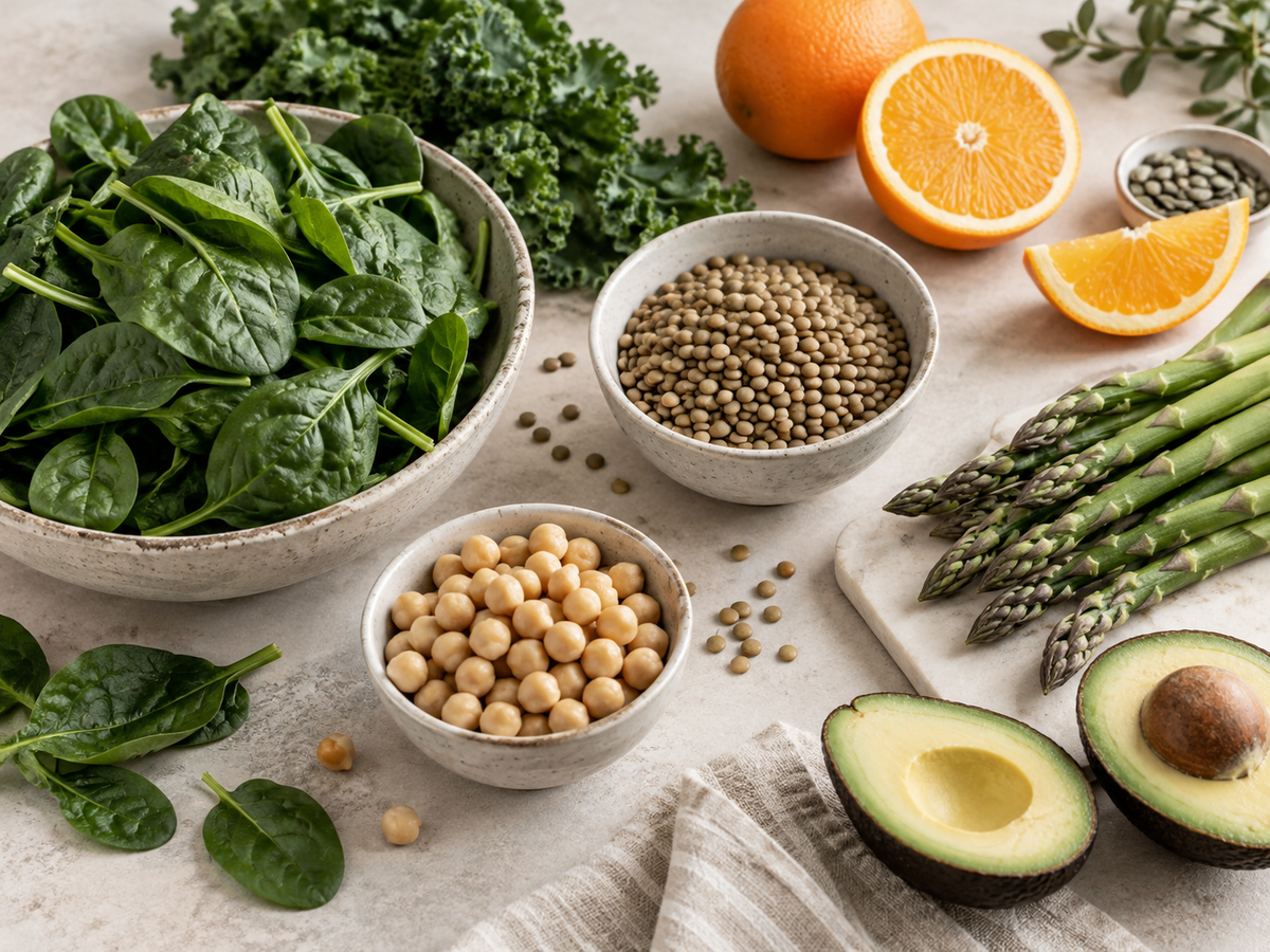 Leafy greens, lentils, chickpeas, asparagus, citrus fruits and avocado arranged as sources of dietary folate